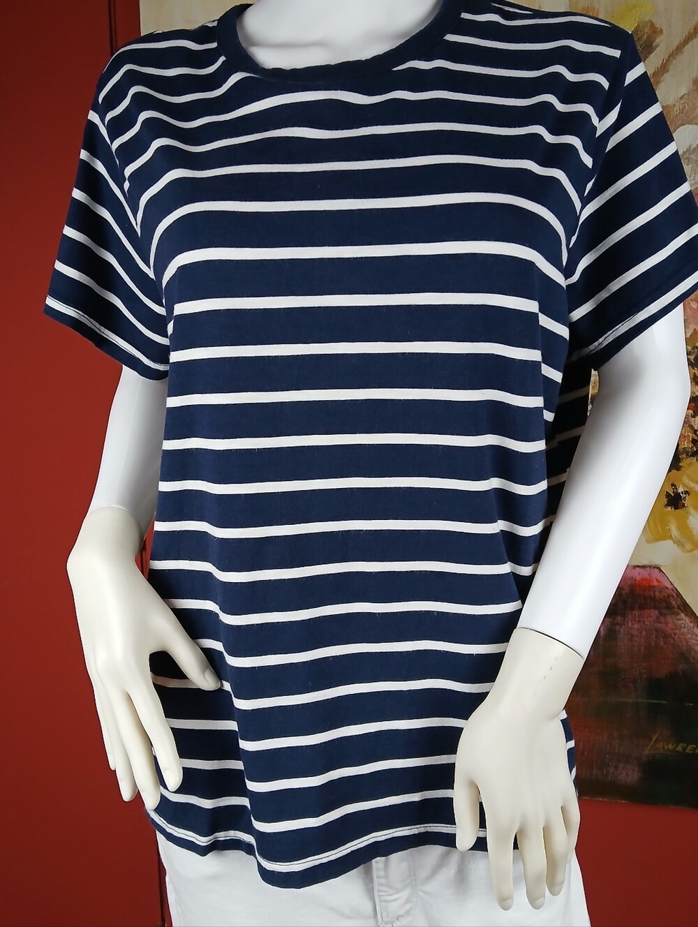 Time and Tru Navy and White Striped Short Sleeve Tee